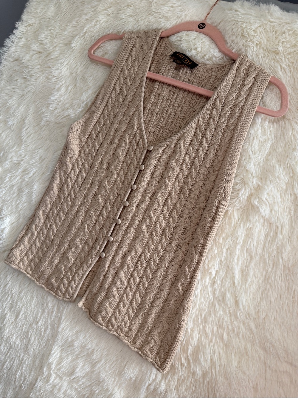Truth By Republic Womens Cable-Knit Sweater Vest M Beige Academia Preppy Cotton